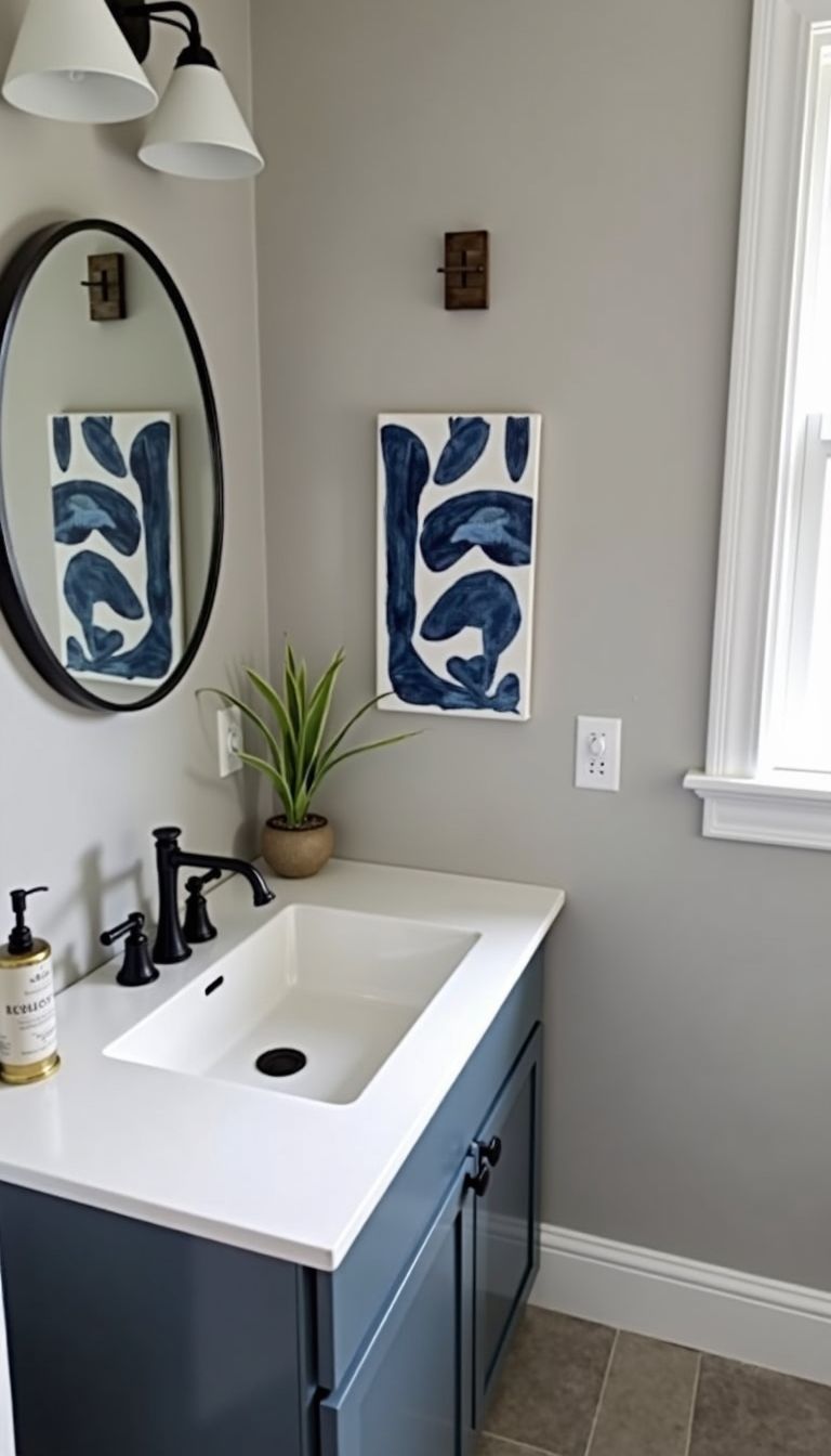 A small bathroom with modern sink and abstract geometric wall art.