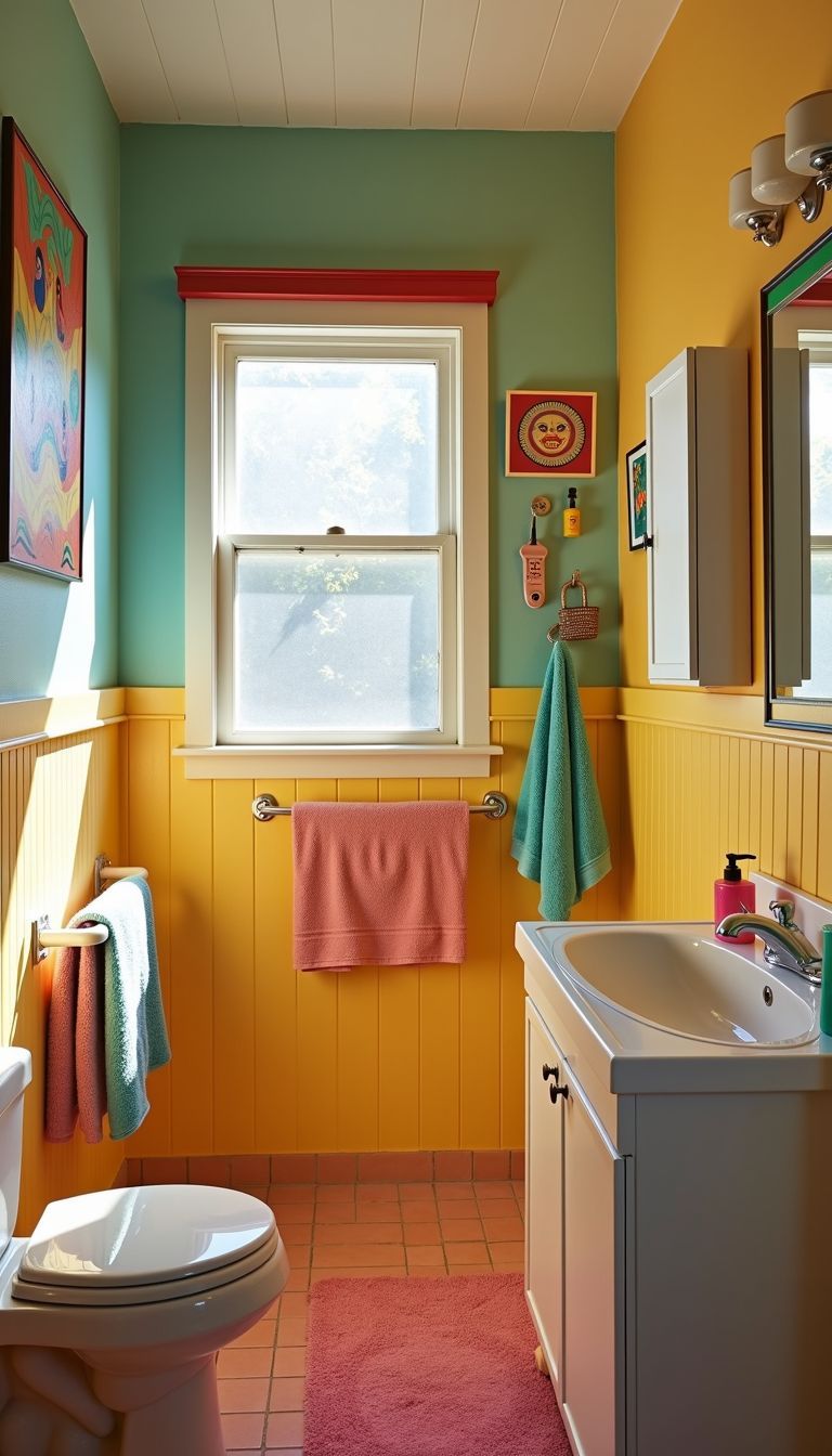 Vibrant and colorful small bathroom with playful decor and towels.