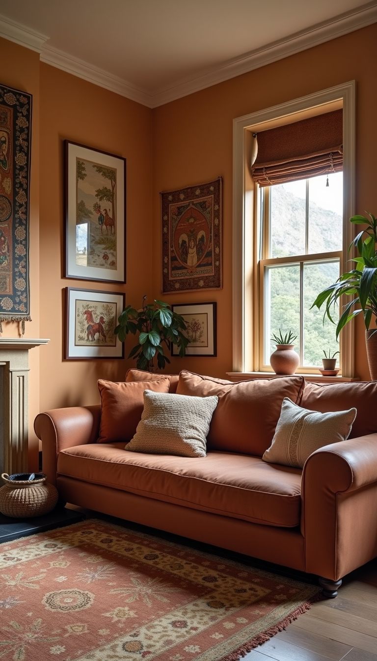 A cozy living room with earthy tapestries and warm decor.