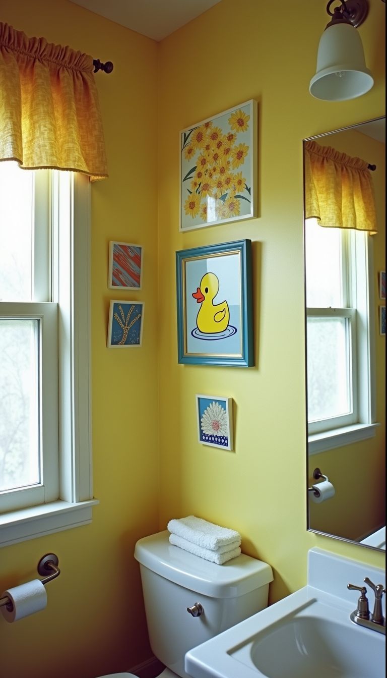 A brightly decorated bathroom with colorful wall art and no people.