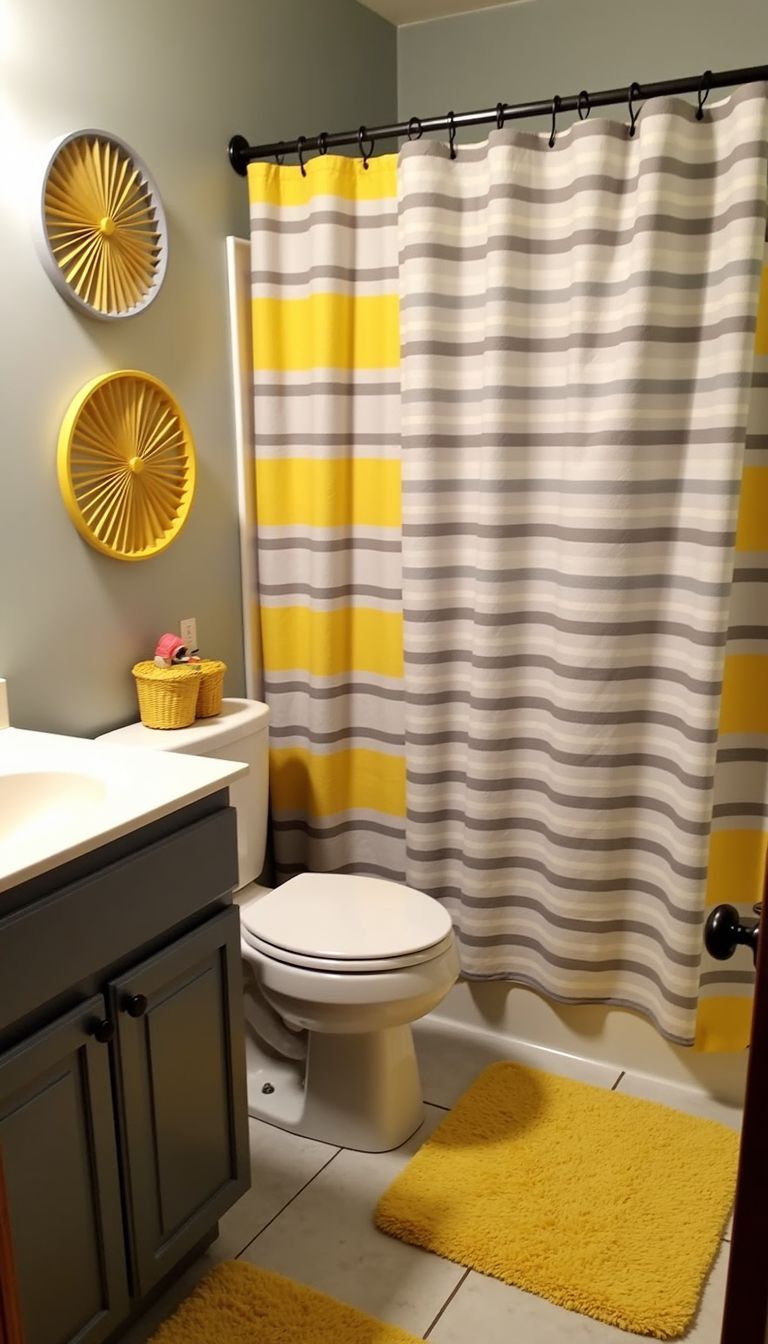 A small bathroom with a yellow and grey color scheme and stylish decor.