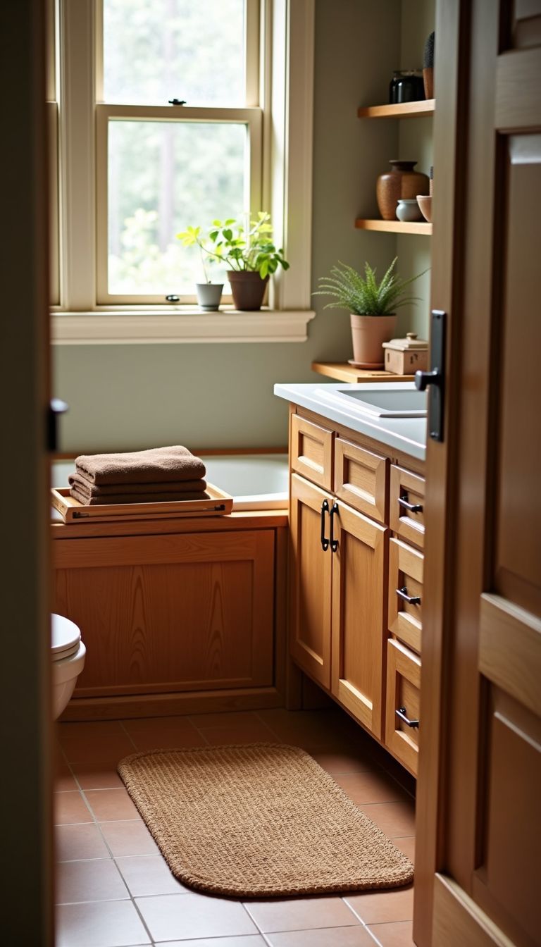 A small bathroom with bamboo bath accessories and cozy atmosphere.