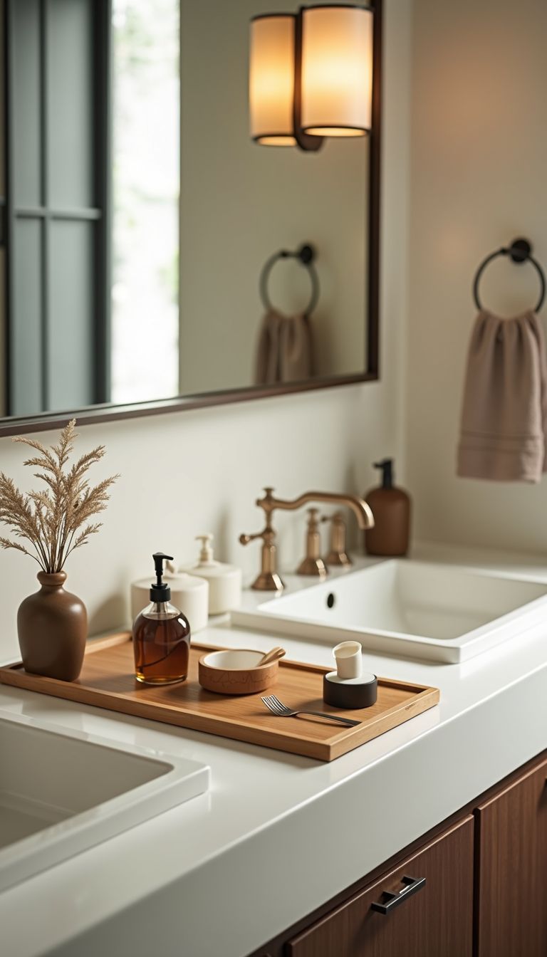 A serene bathroom with bamboo organizers and trays creates a calming atmosphere.