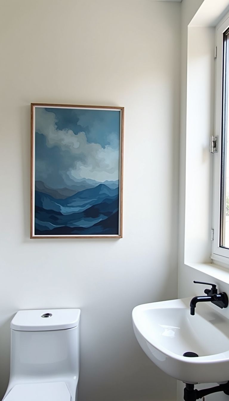 A modern geometric wall art print displayed above a white sink.