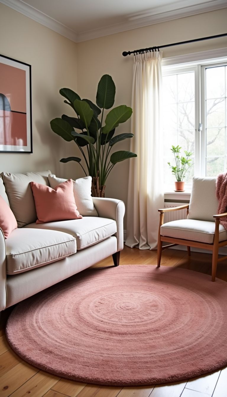 A cozy living room with a blush area rug and neutral furniture.