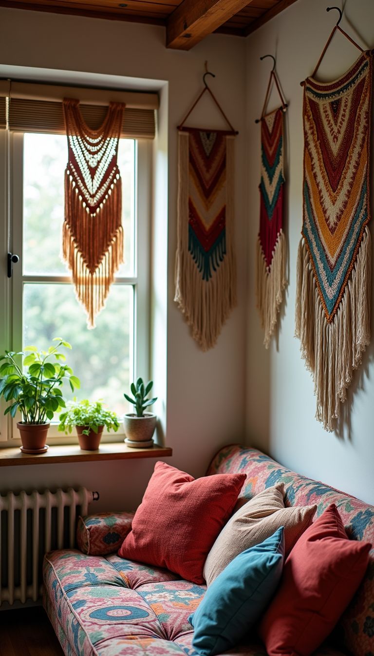 A cozy corner with bohemian wall hangings in a small room.