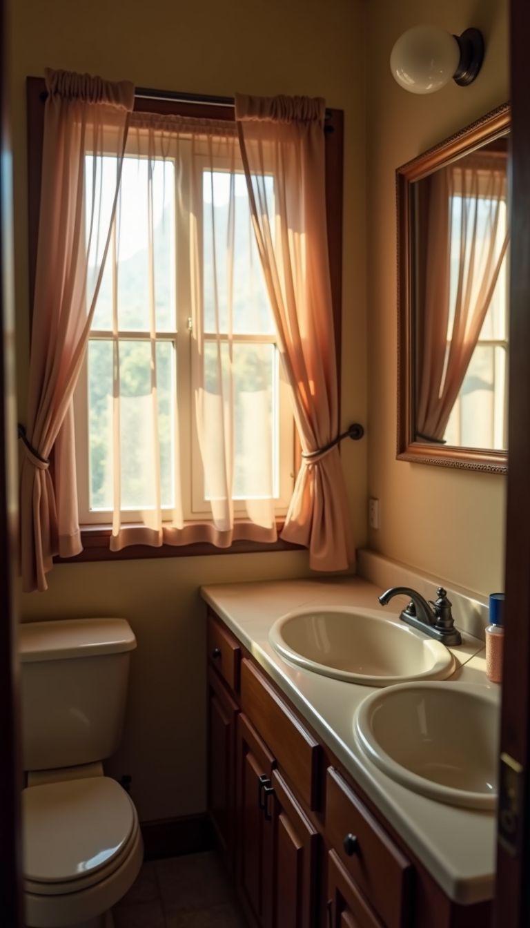 A cozy small bathroom with brown curtains on the cabinet windows.