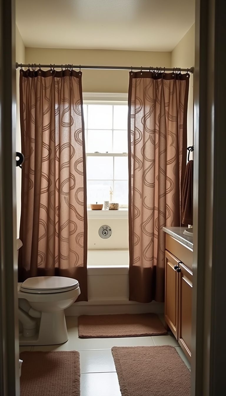 A modern small bathroom with geometric-patterned shower curtains and coordinating brown towels.