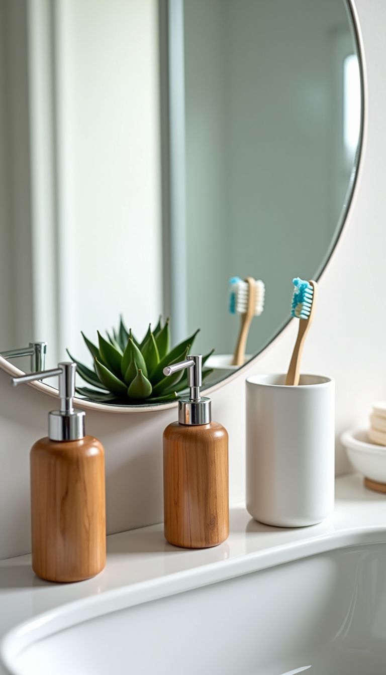 'A modern, organized bathroom counter with bamboo accessories and a small plant.'