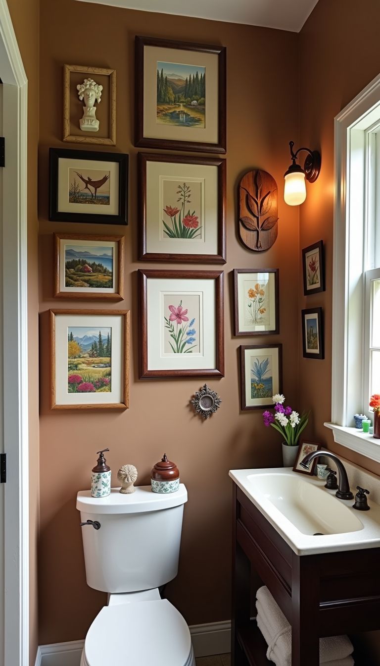 A bathroom wall decorated with various brown toned art pieces.