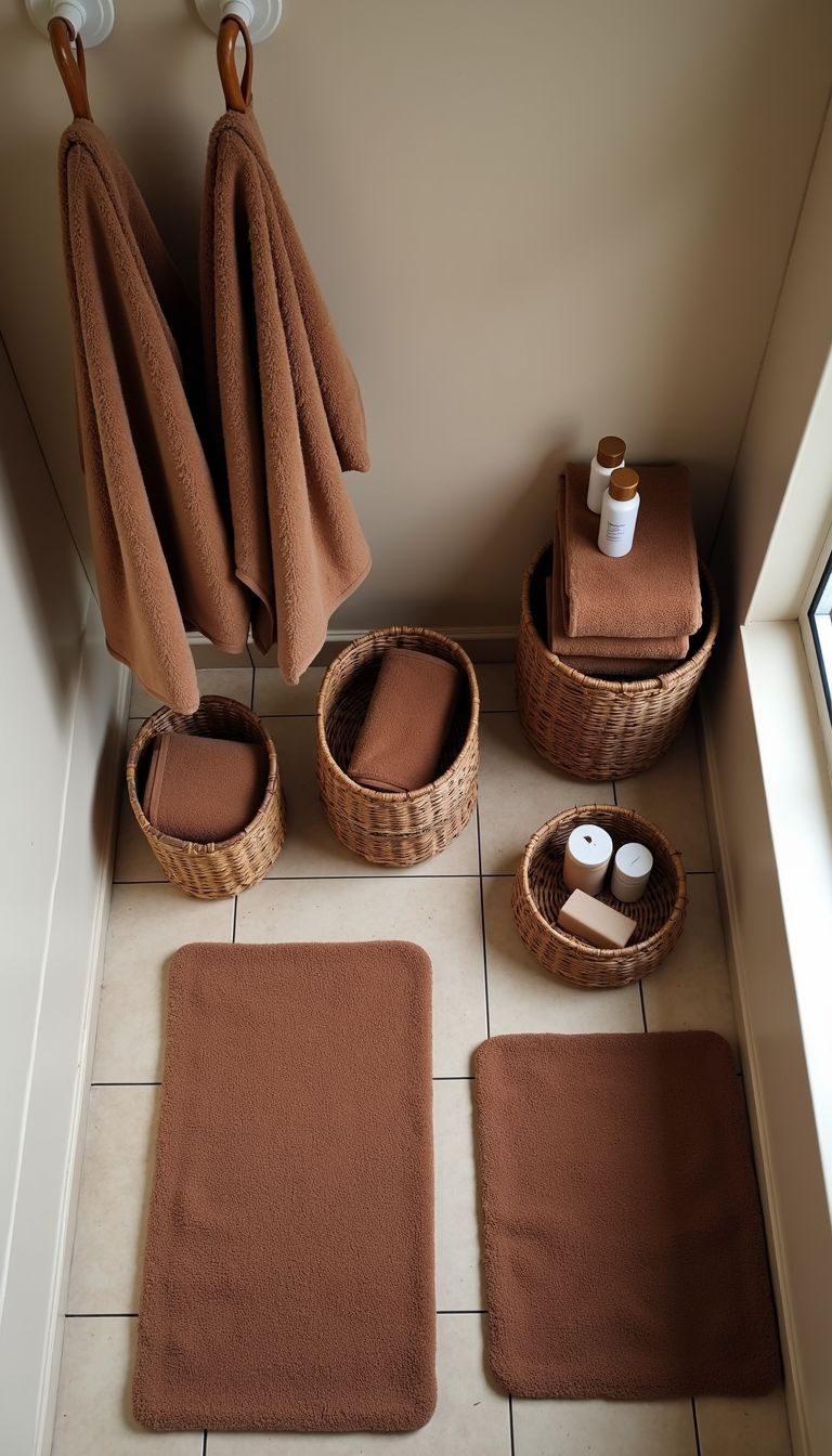 Neat and organized small bathroom with brown towels and decor.