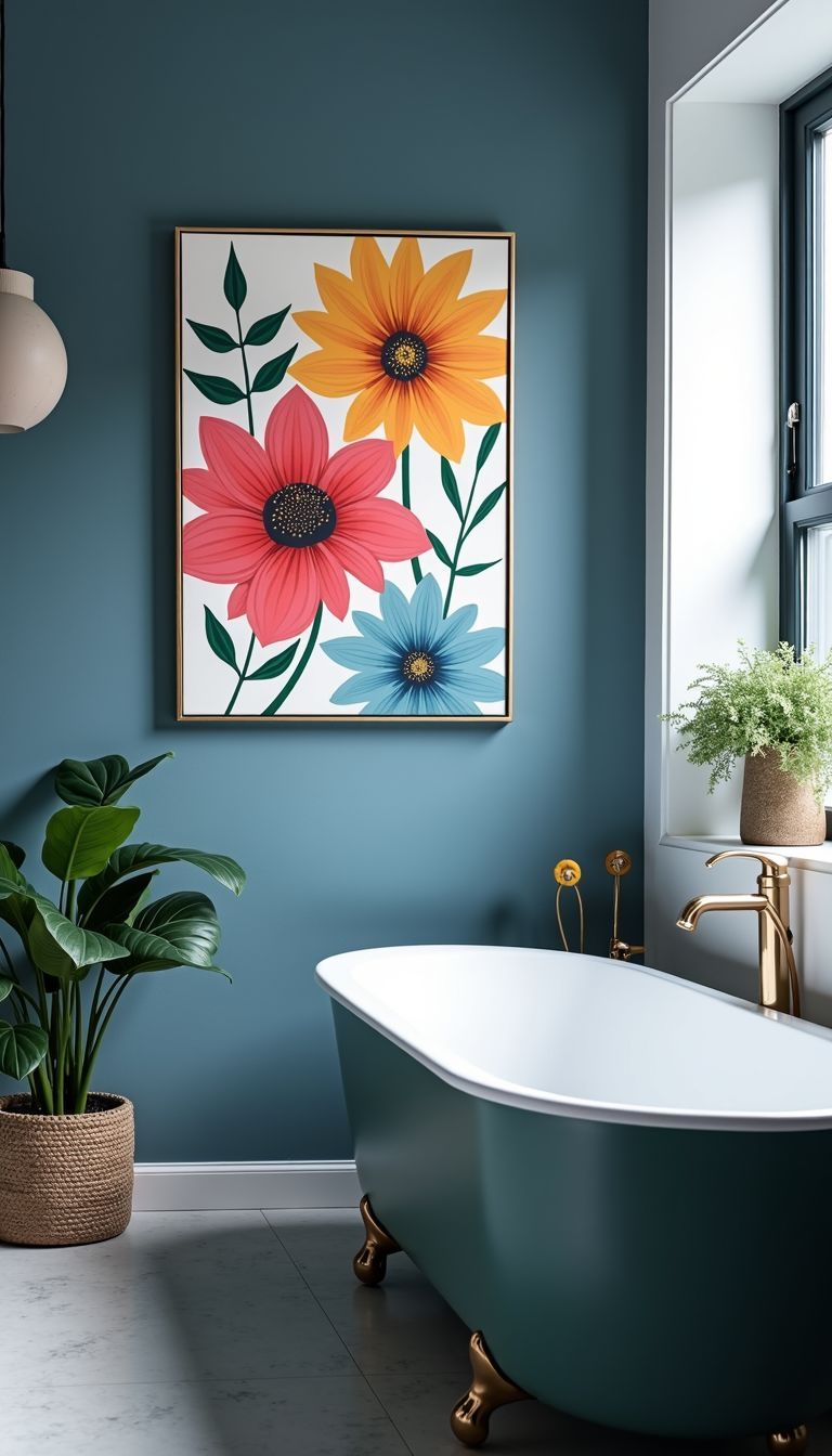 Colorful floral canvas art displayed in modern bathroom with blue tones.