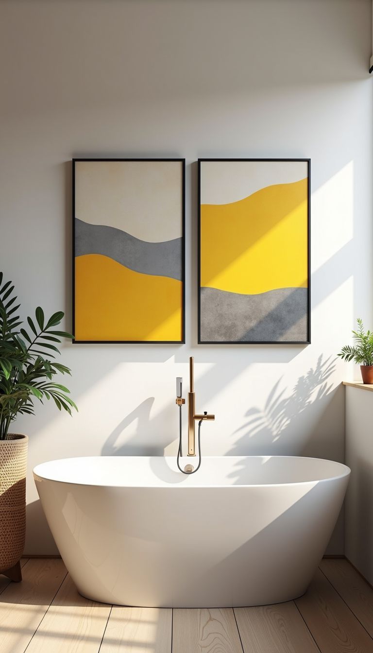 Canvas wall art with yellow and grey themes in a modern bathroom.