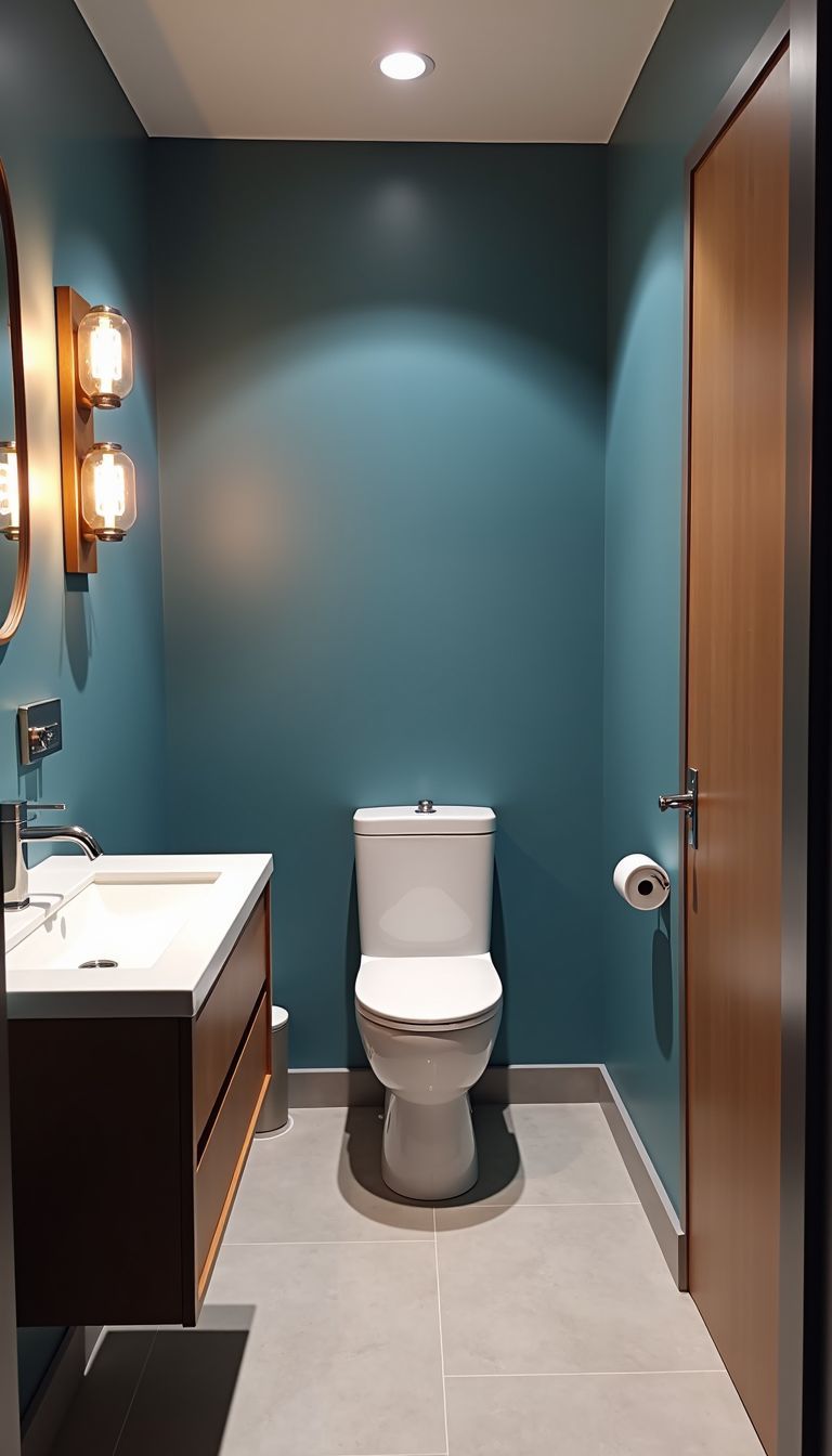 A modern bathroom with geometric wall sconces and a cozy atmosphere.