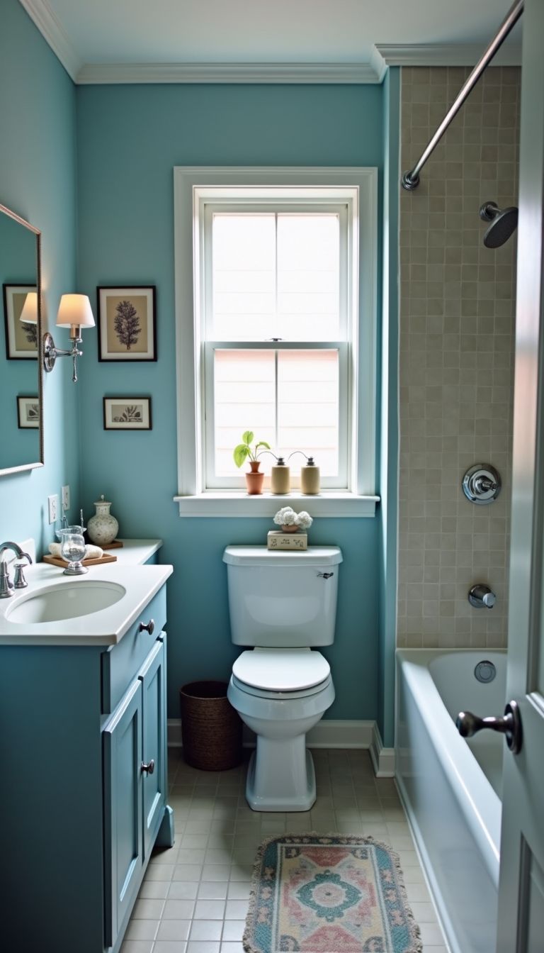 A stylish bathroom with a calming blue and grey color scheme.