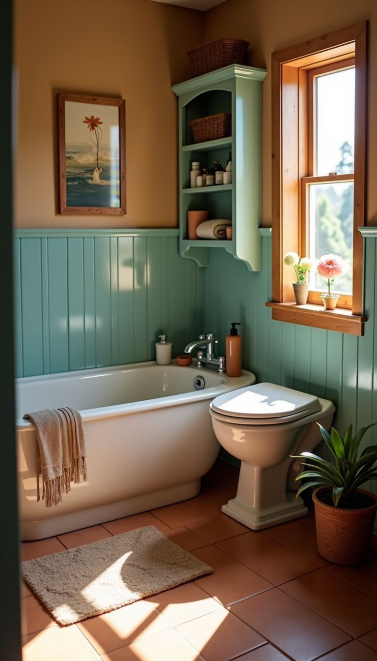 The cozy bathroom has warm brown, blue, and green accents.