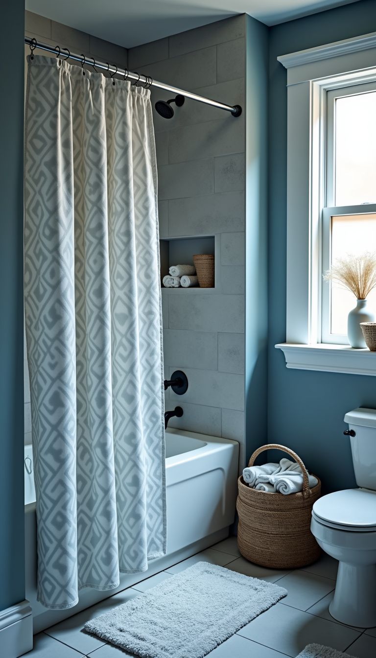 Stylish bathroom with blue and grey color scheme and geometric shower curtain.