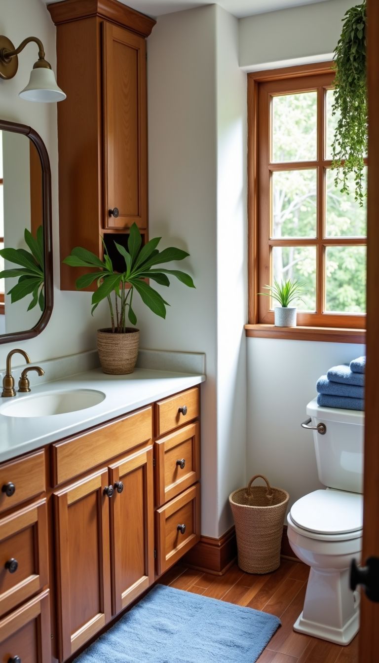 A warm and inviting bathroom with wooden cabinets, green plants, and bronze accents.