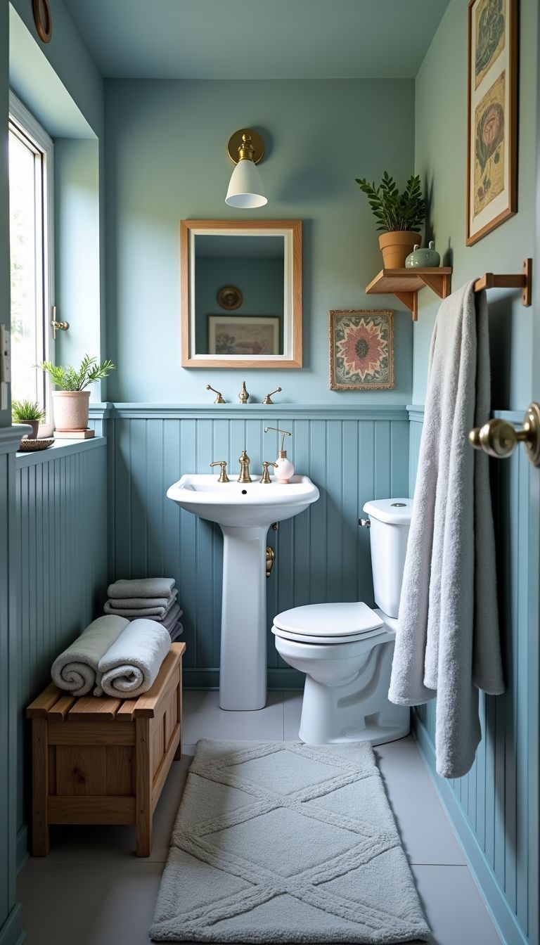 A cozy and organized bathroom with calming blue and grey decor.