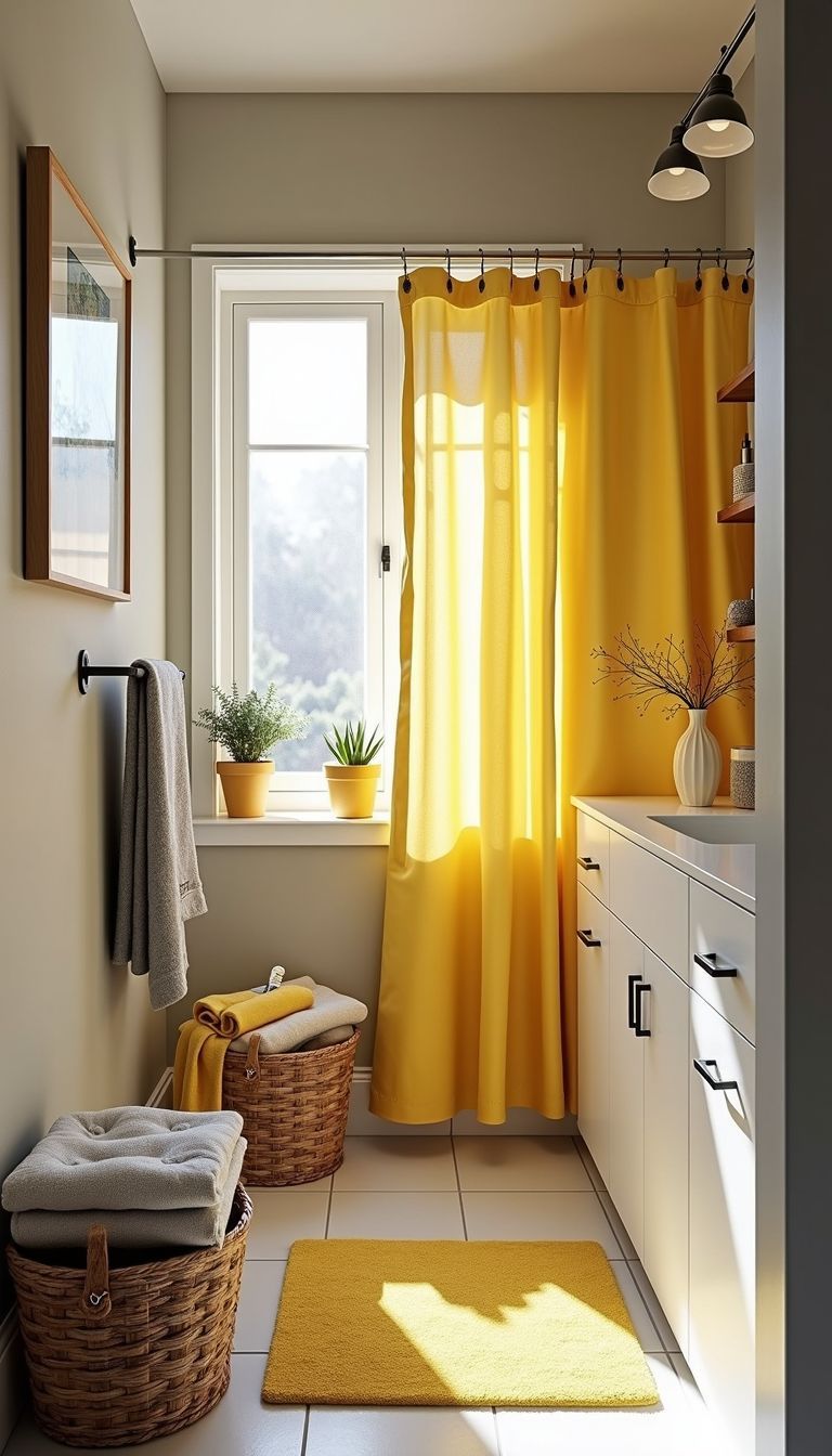 A stylish small bathroom with yellow and grey decor and trendy accessories.