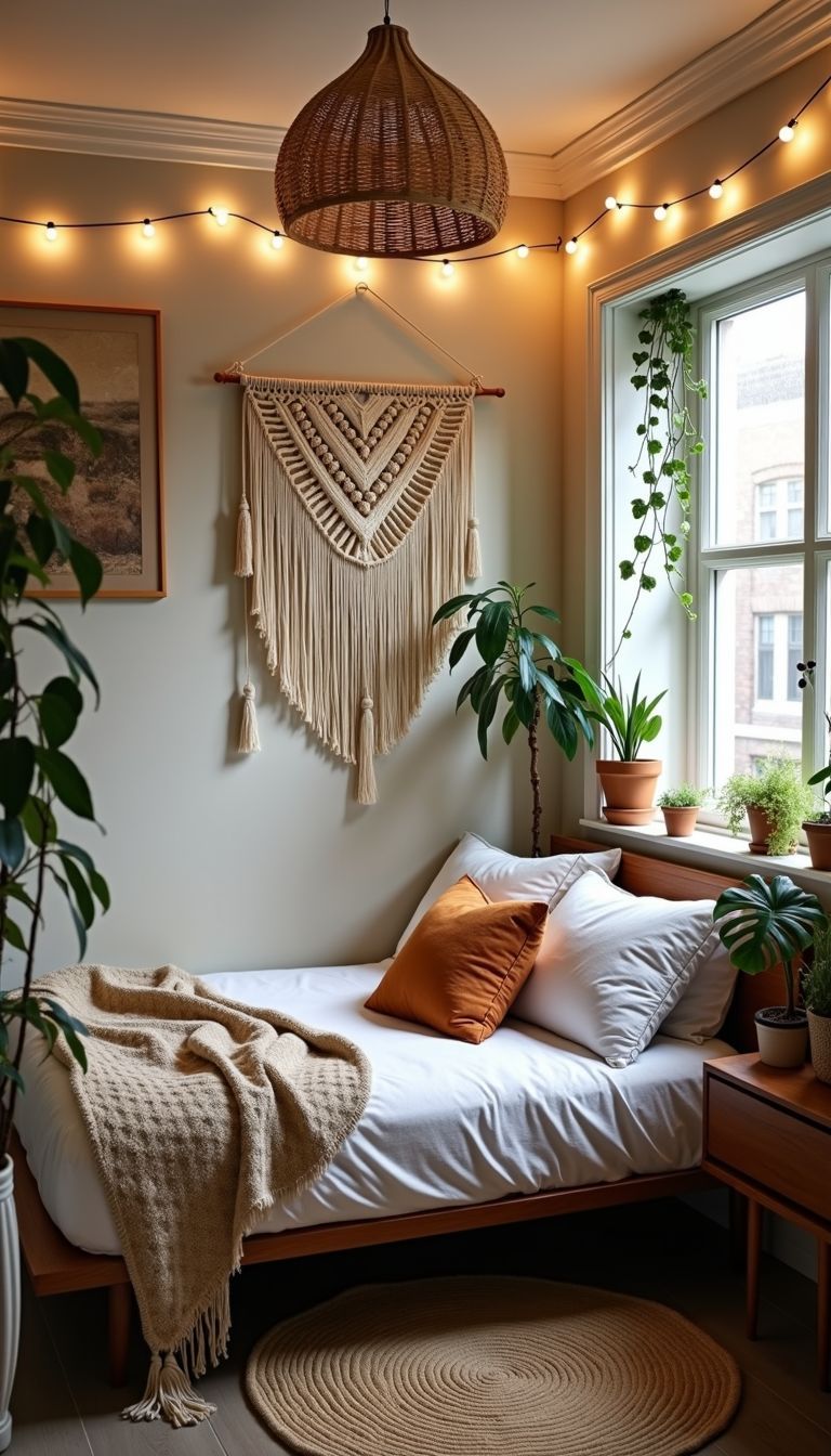 A cozy boho bedroom with rattan bed, macramé and plants.