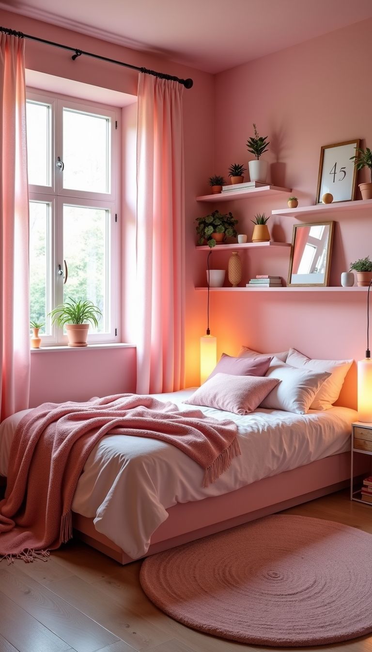 A cozy, pink bedroom with warm, inviting decor and soft lighting.