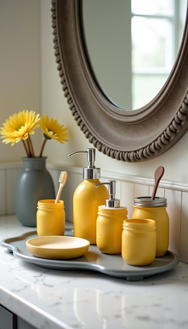 A well-organized bathroom countertop with matching yellow and gray accessories.