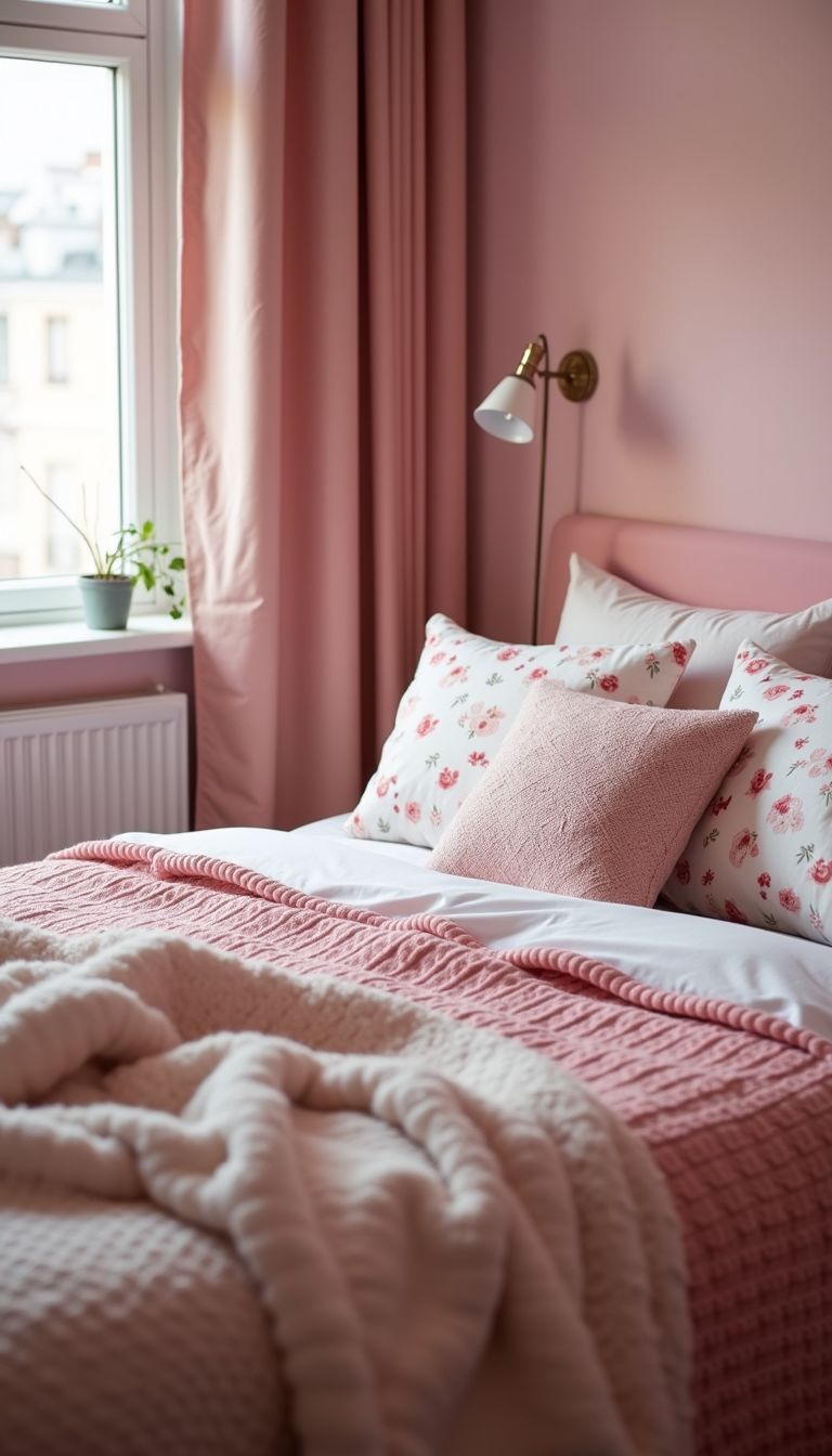 A cozy, pink bedroom with a soft, inviting atmosphere.