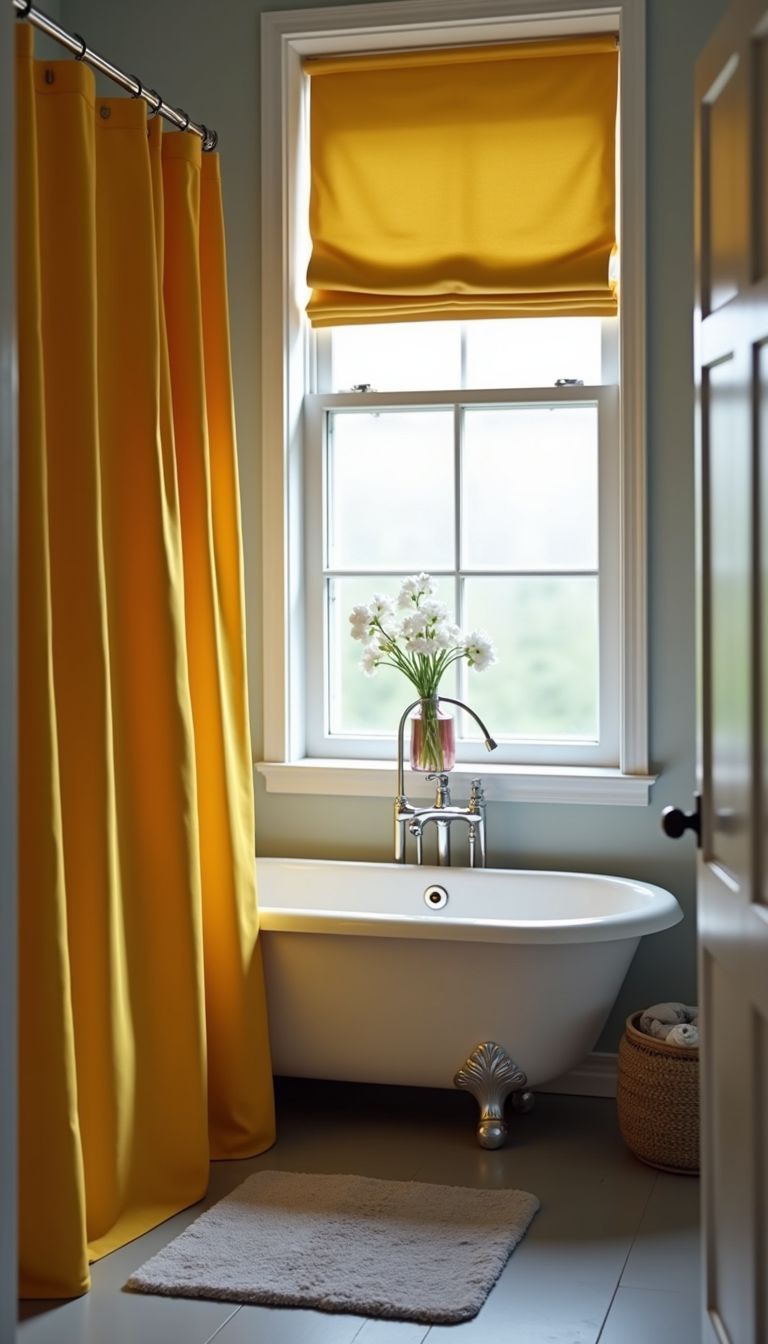 A modern bathroom with yellow and grey decor, no people present.