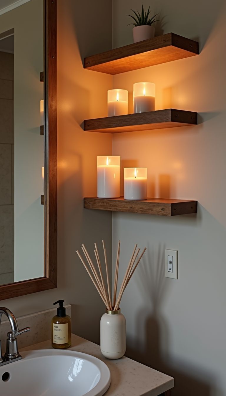 A tranquil bathroom with wooden shelves, flickering candles, and a diffuser.