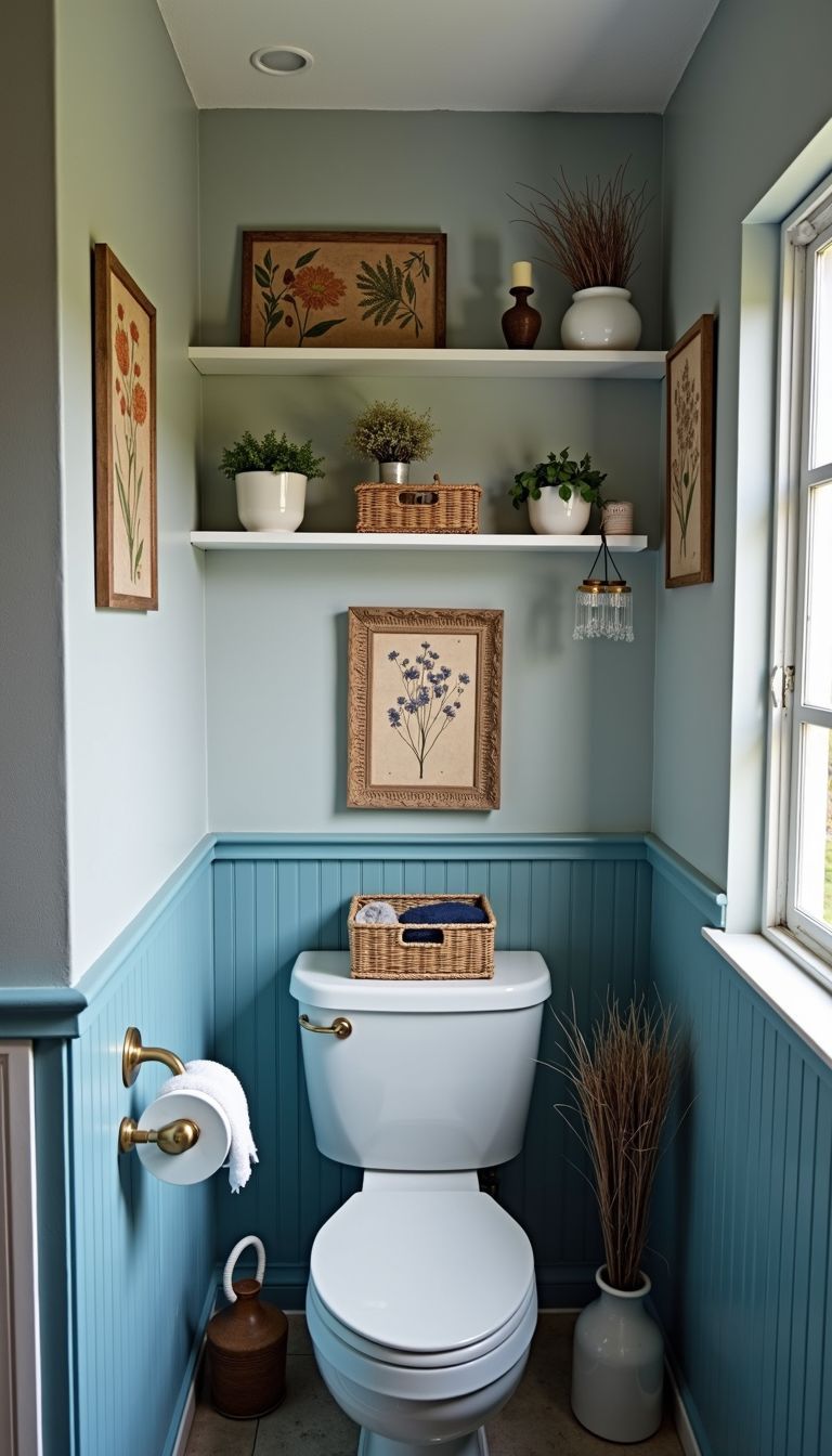 A small bathroom with a blue and grey color scheme and decorative accessories.