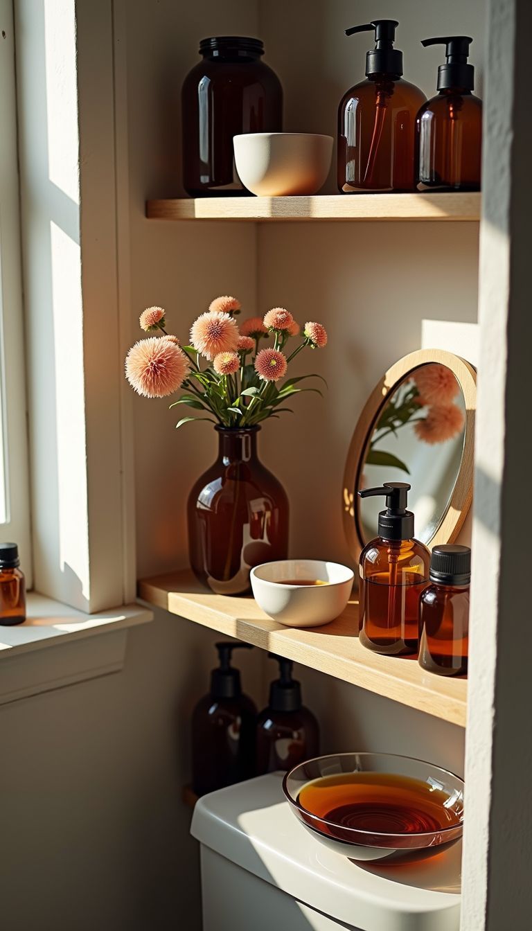 A close-up photo of a small bathroom shelf with decorative items.