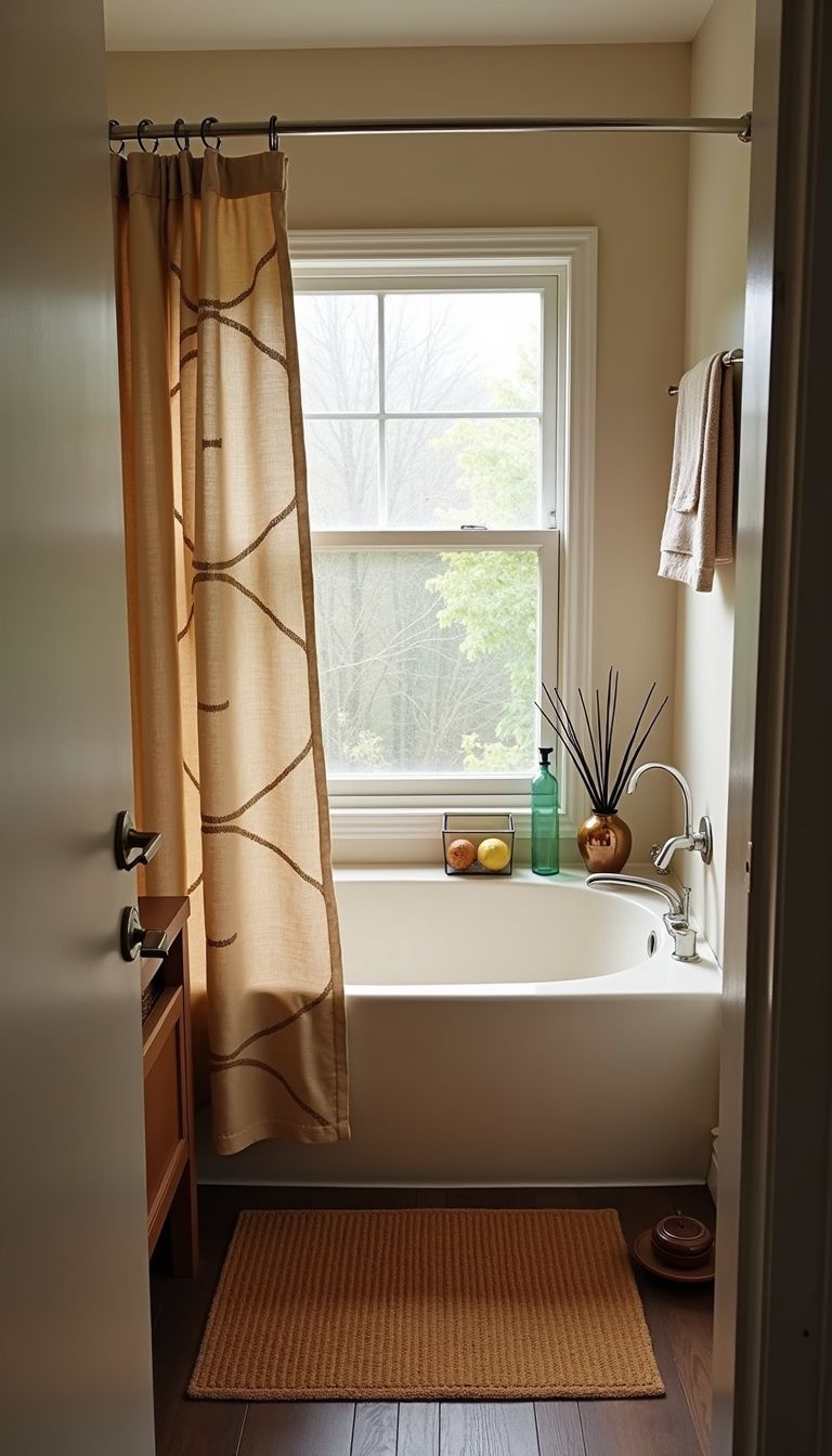 A cozy bathroom with brown bamboo mat and matching curtain.