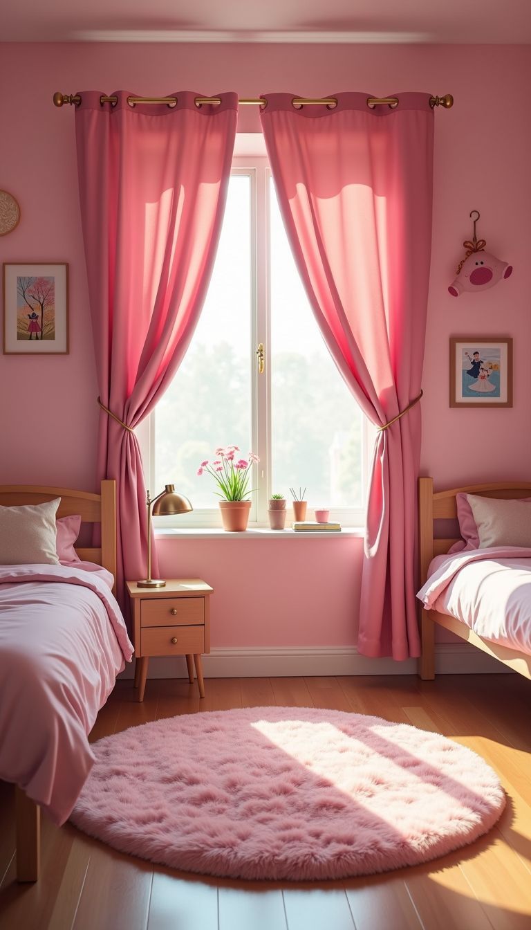 A small, cozy pink bedroom with playful wall decor and inviting atmosphere.