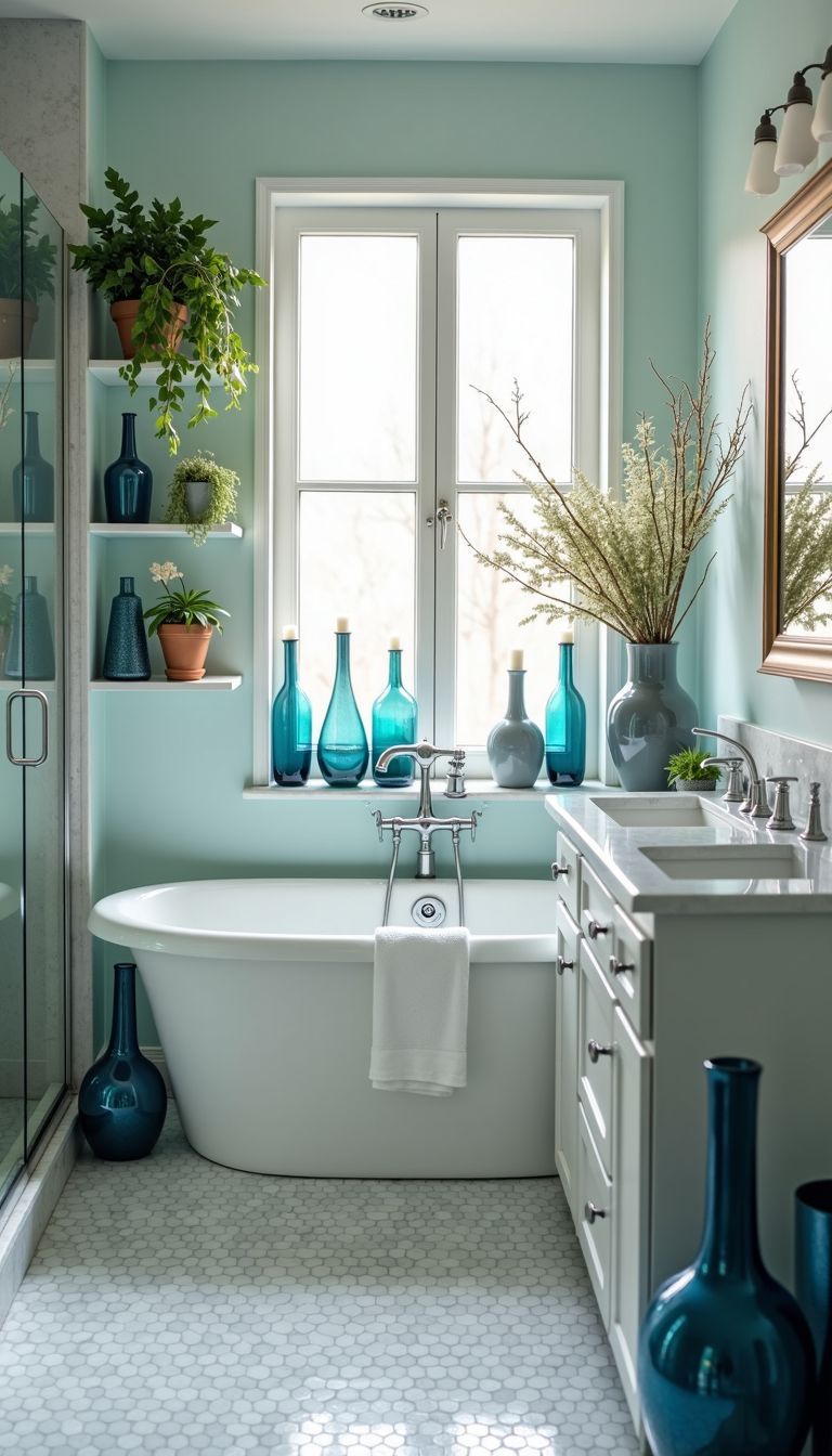 A bright, well-decorated bathroom with plants, vases, and candles.