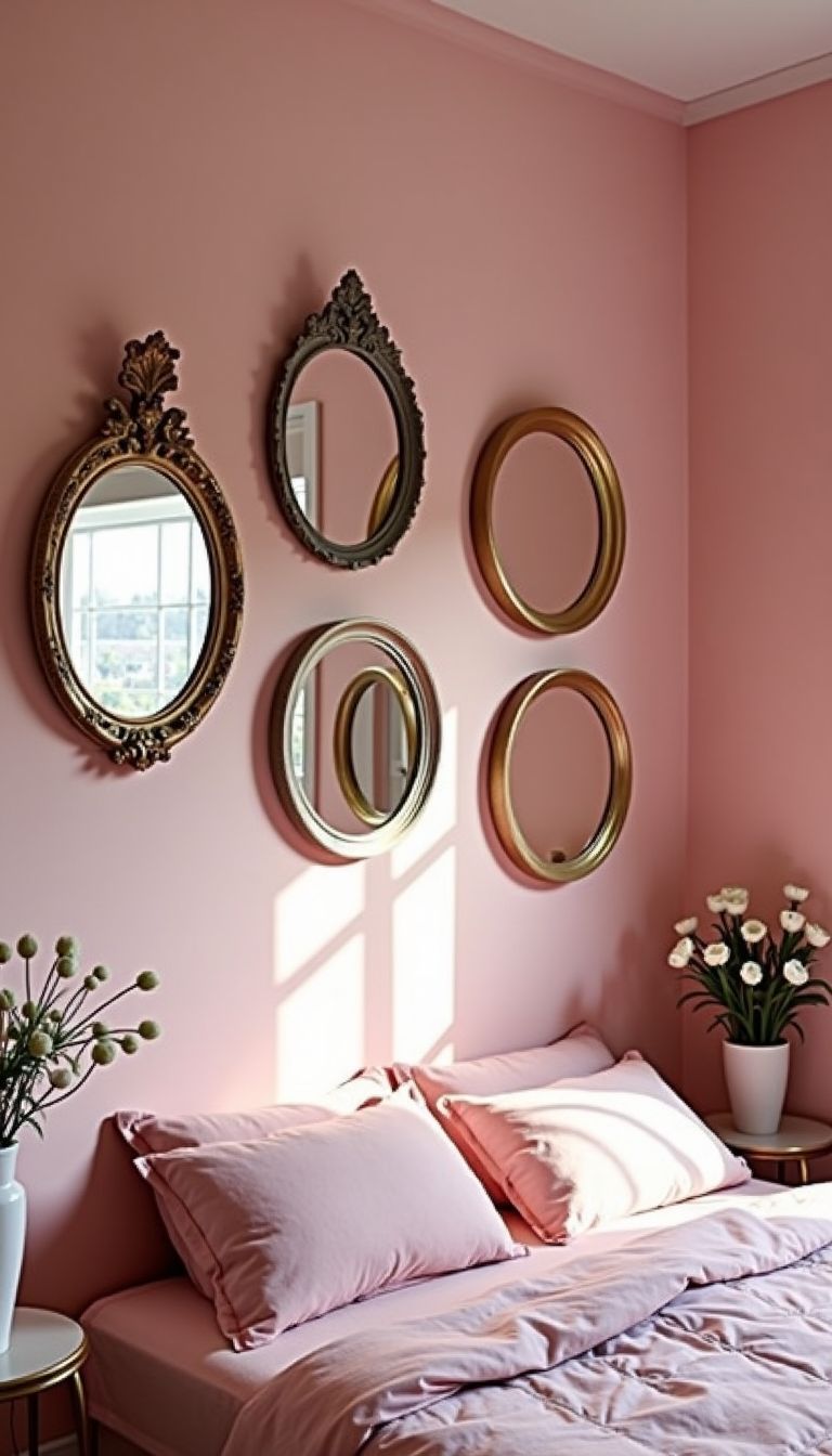 A pink bedroom with decorative mirrors creates a bright, welcoming atmosphere.