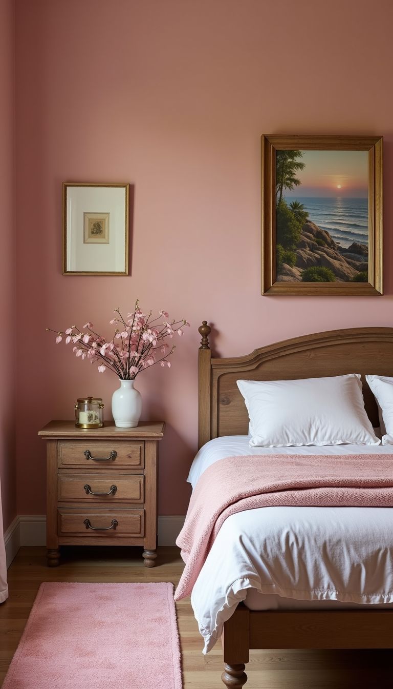 Cozy bedroom with dusty pink walls, rustic furniture, and vintage decor.