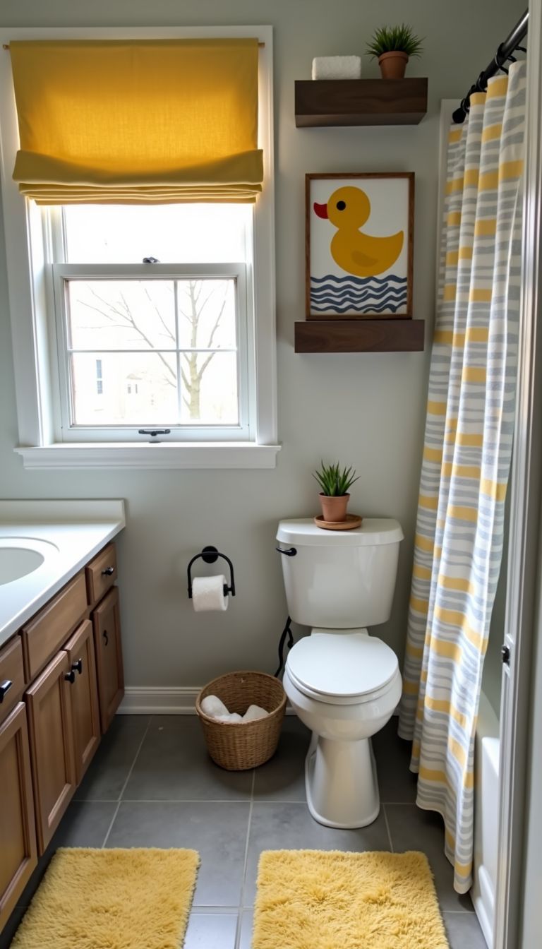 A small bathroom with yellow and grey decorations, featuring a rubber duck wall art.