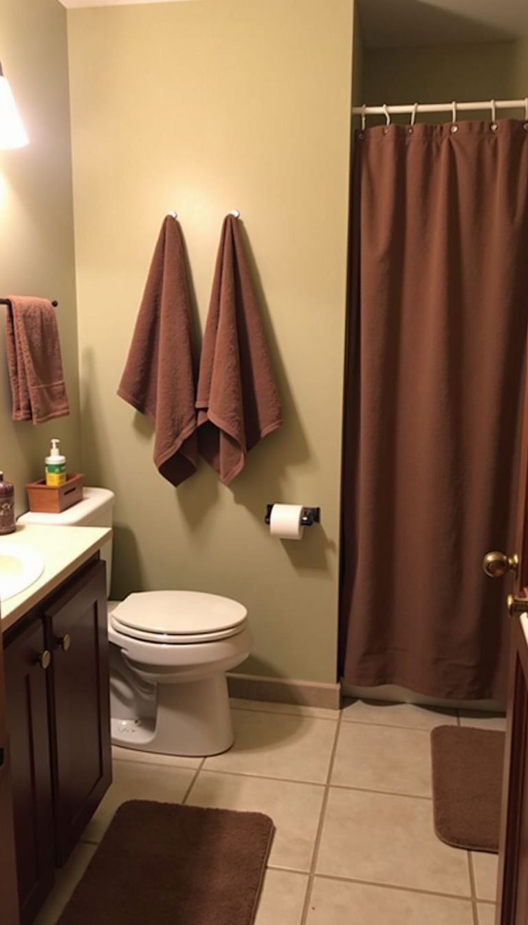 A cozy brown-themed bathroom with key accessories and neutral backdrop.