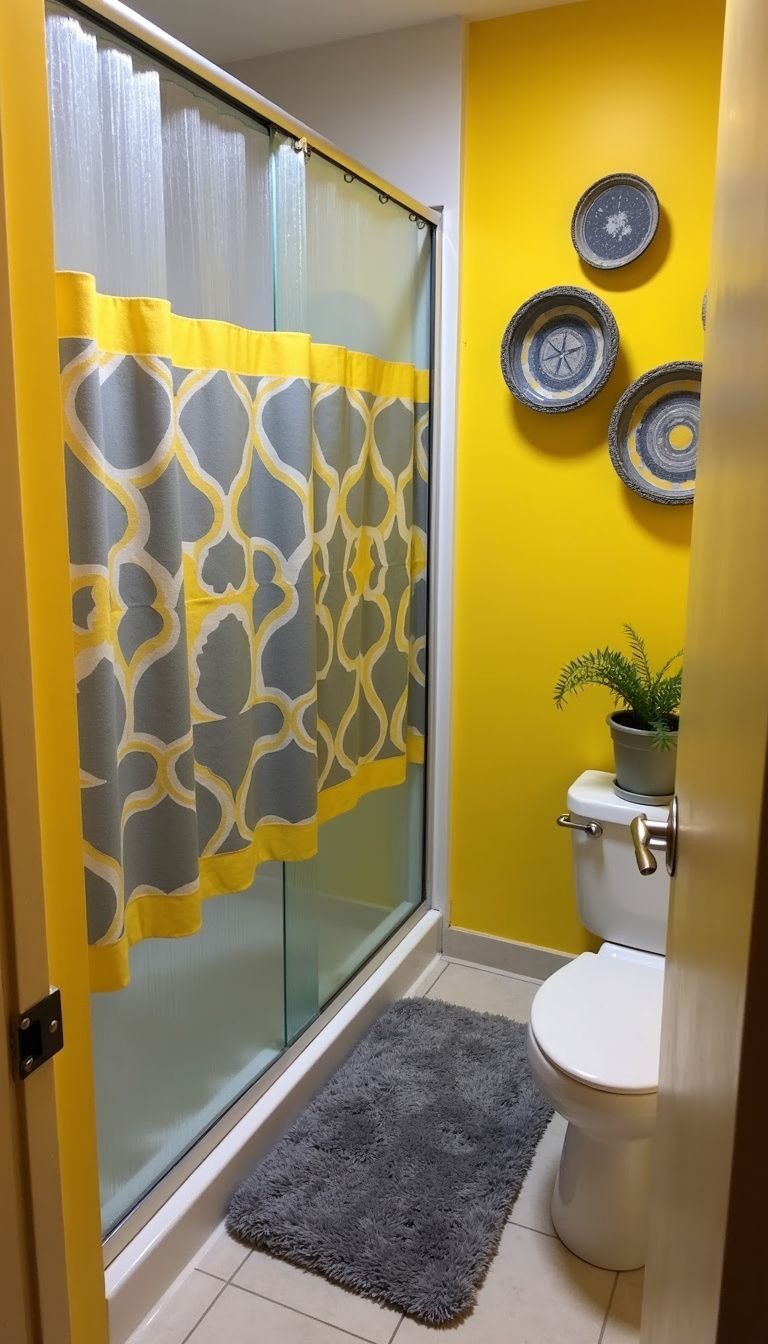 A small bathroom with yellow and grey shower dividers and vibrant decor.