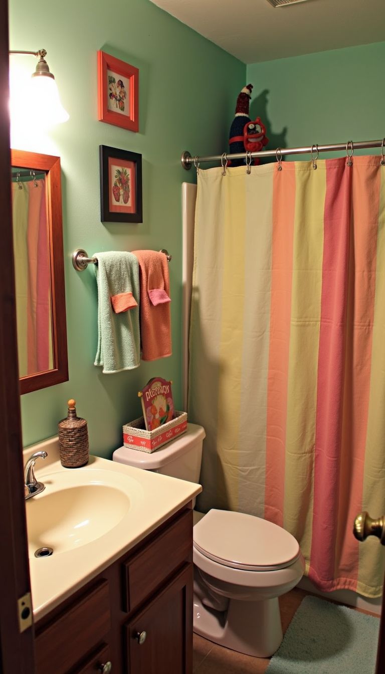 A small bathroom with colorful decor and quirky knick-knacks.