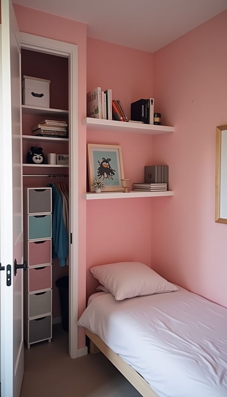 A small, organized pink bedroom with floating shelves and a cube organizer.