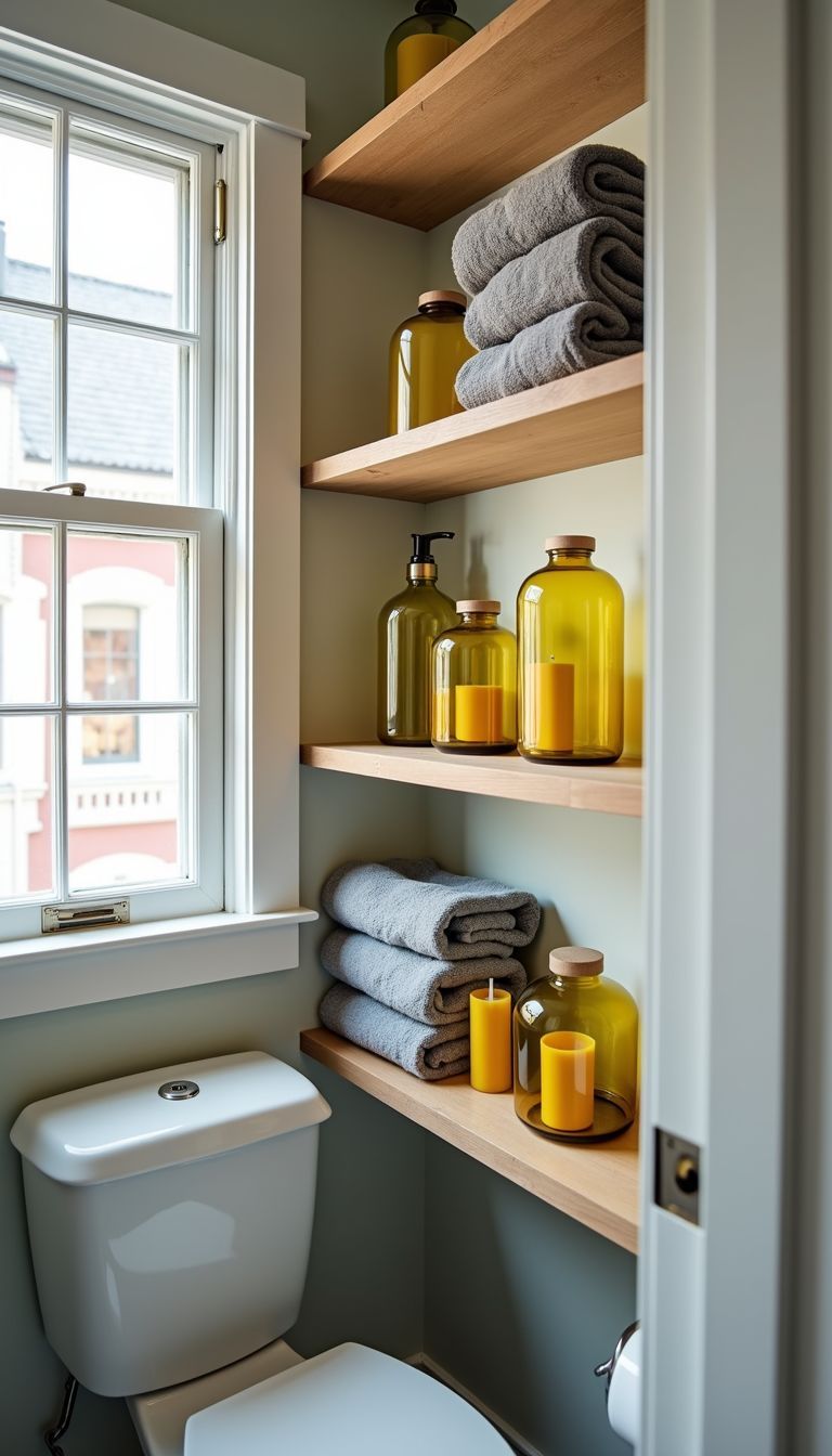 A small bathroom with floating shelves holding yellow-tinted containers and towels.