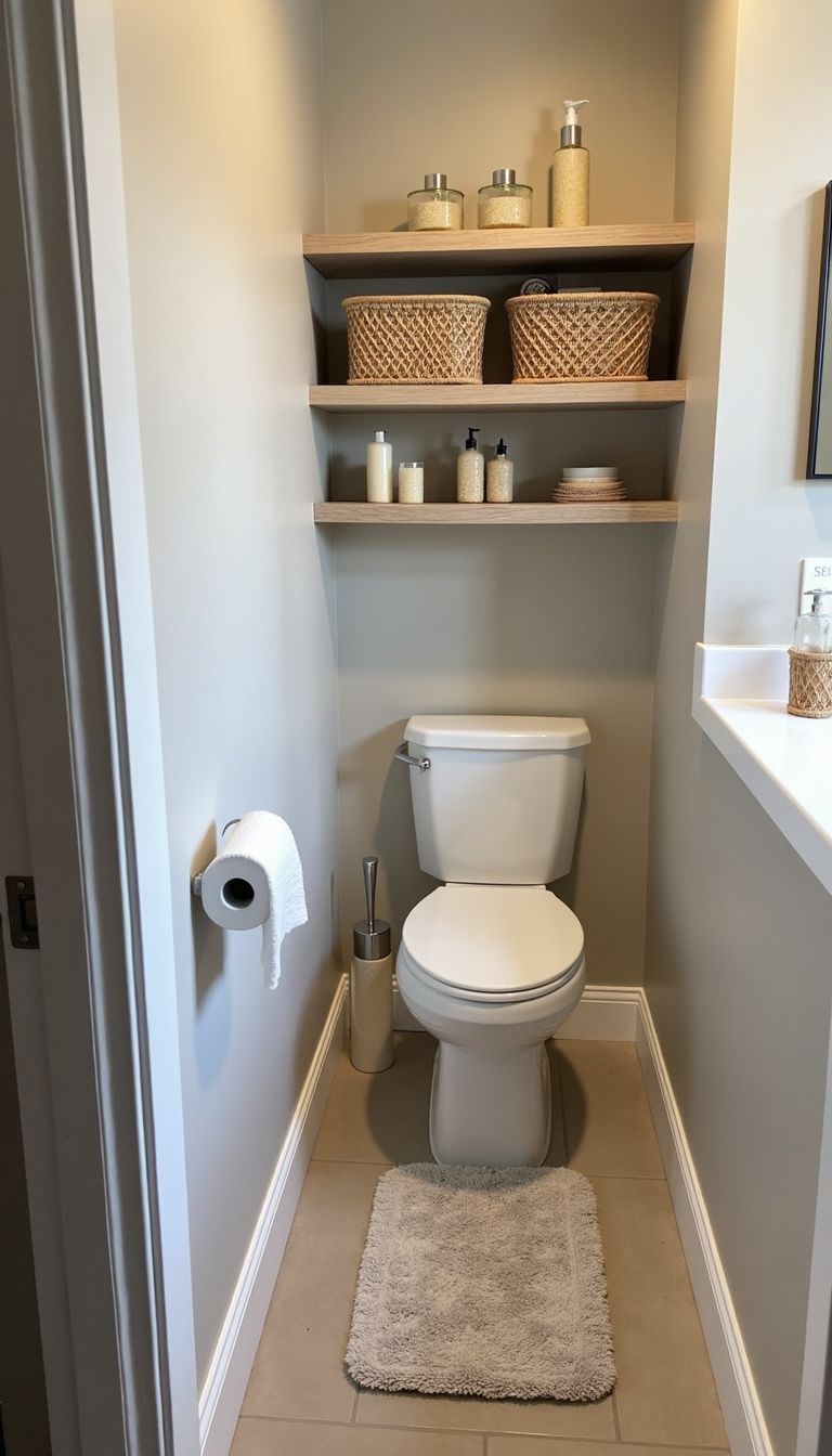 A small bathroom with floating shelves, coordinated accessories, and woven storage.