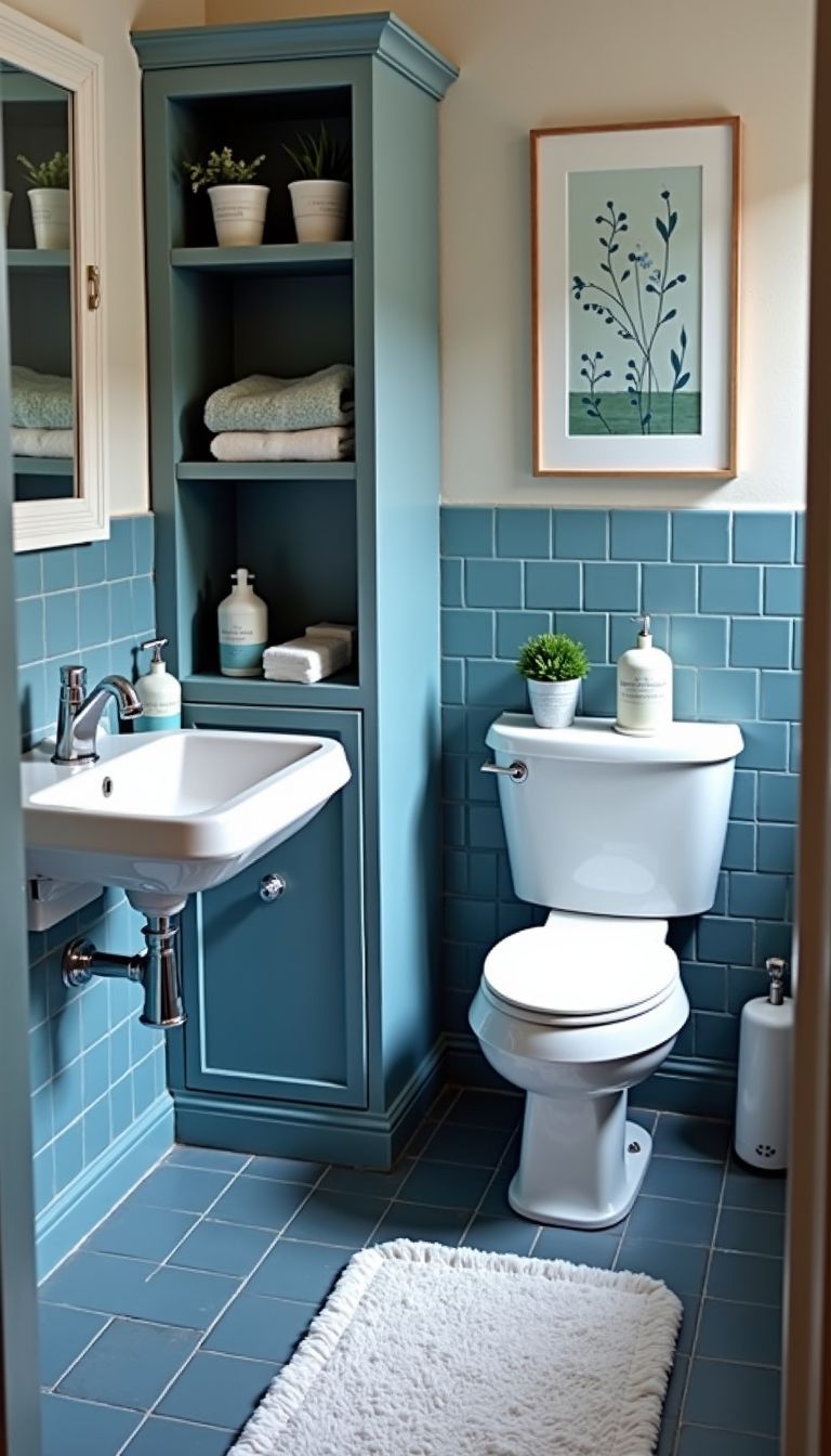 A small bathroom with blue and grey decor, functional mats, and cabinets.