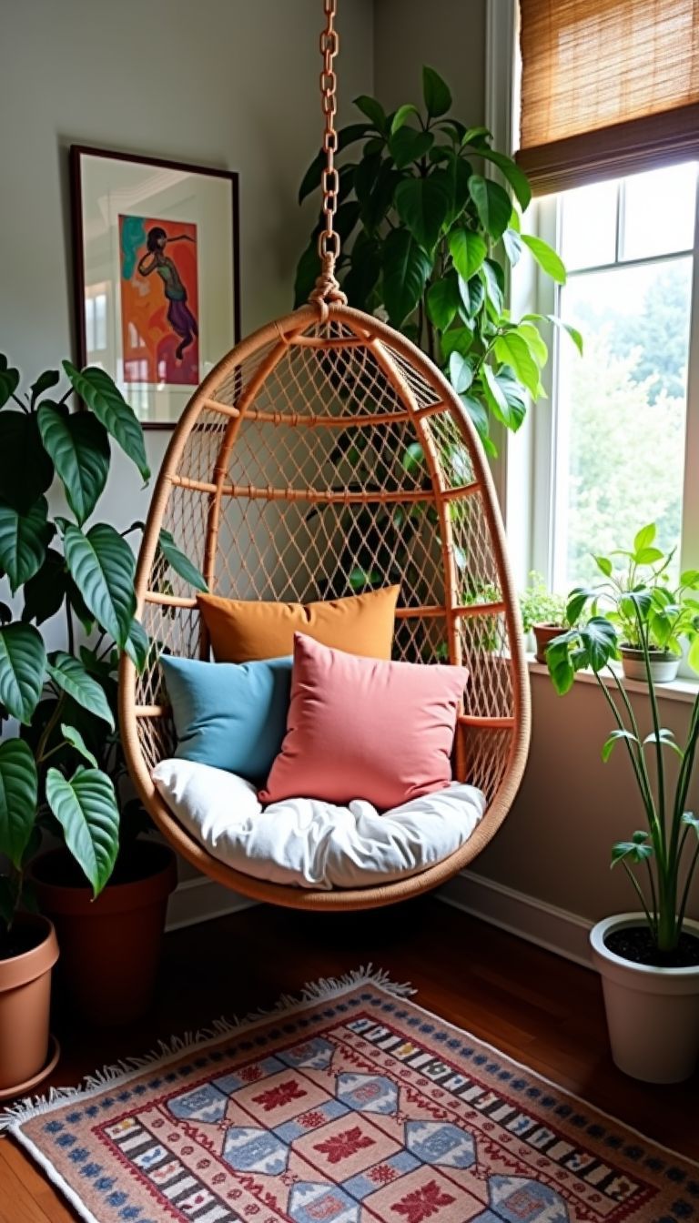 A cozy boho bedroom corner with hanging chair and plants.