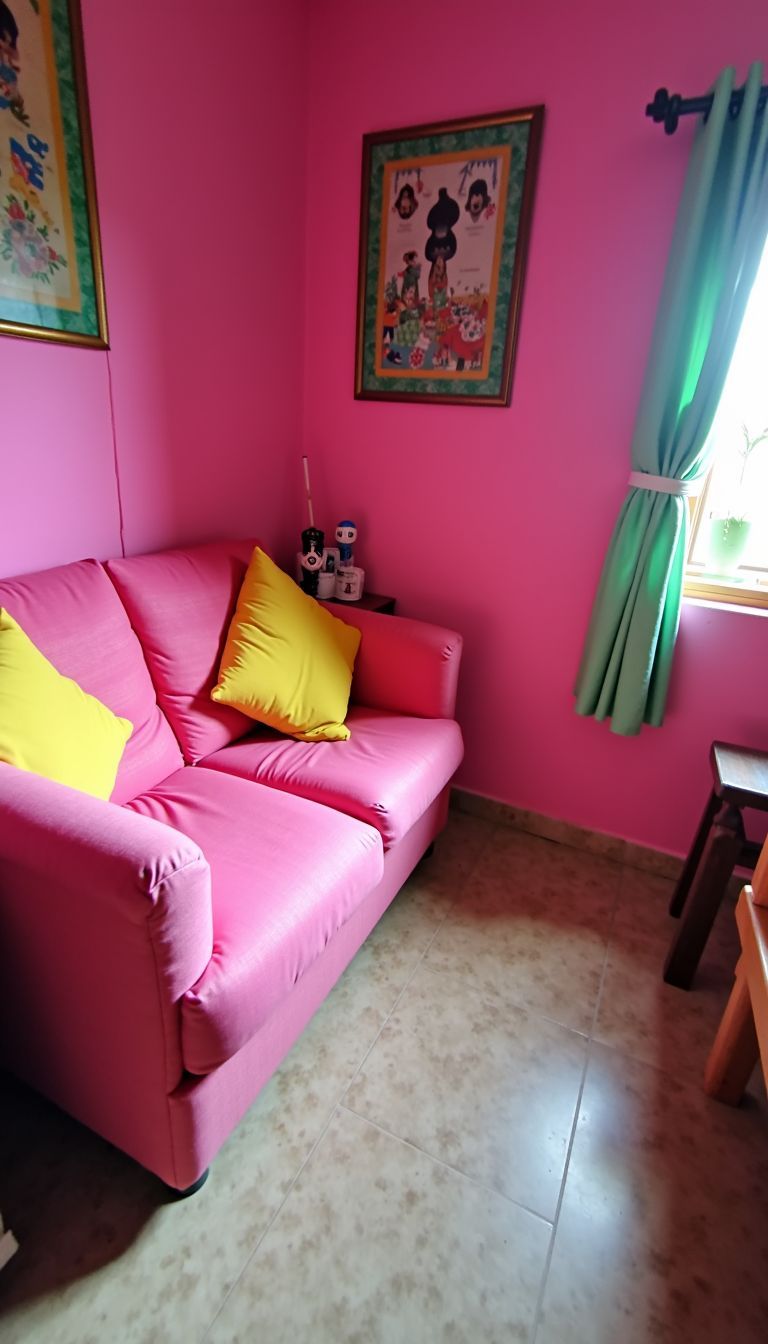 A small living room with hot pink walls and a bright pink couch.