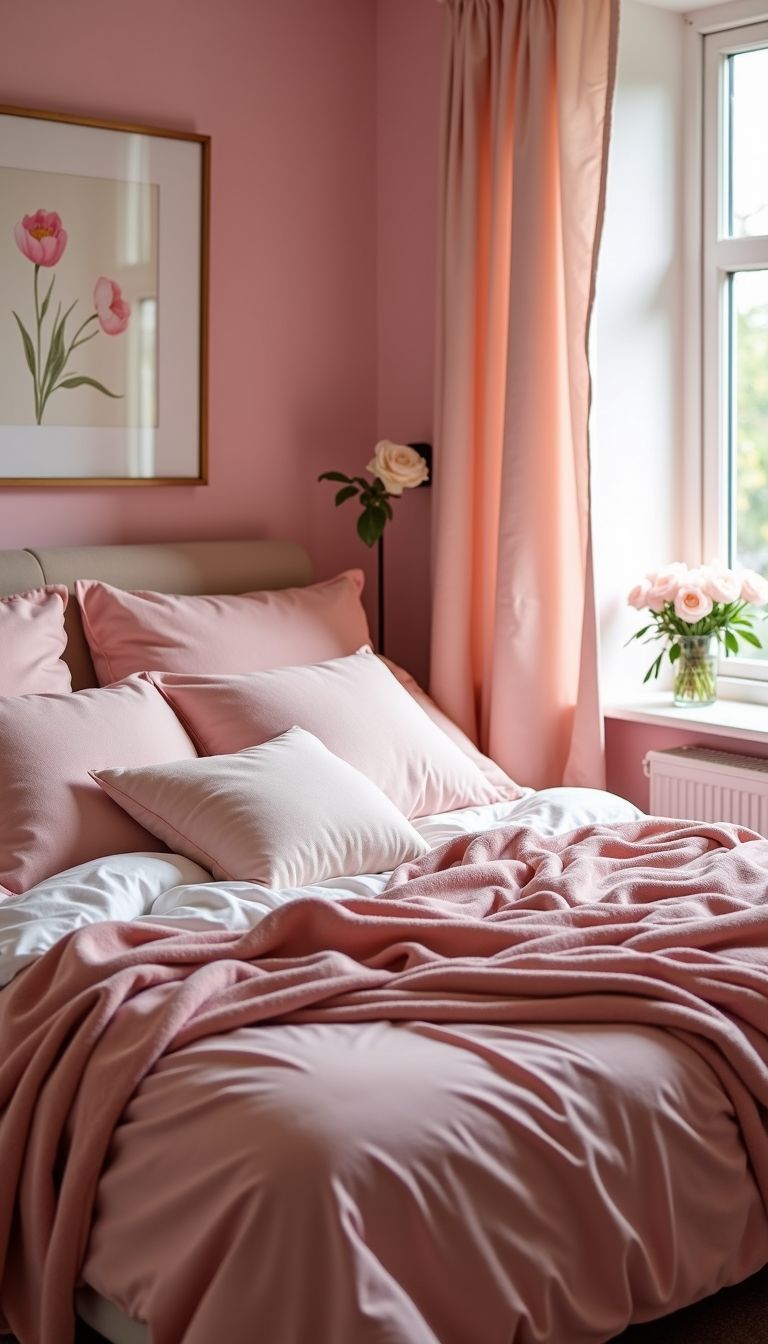 A cozy pink bedroom with soft bed linens and plush pillows.