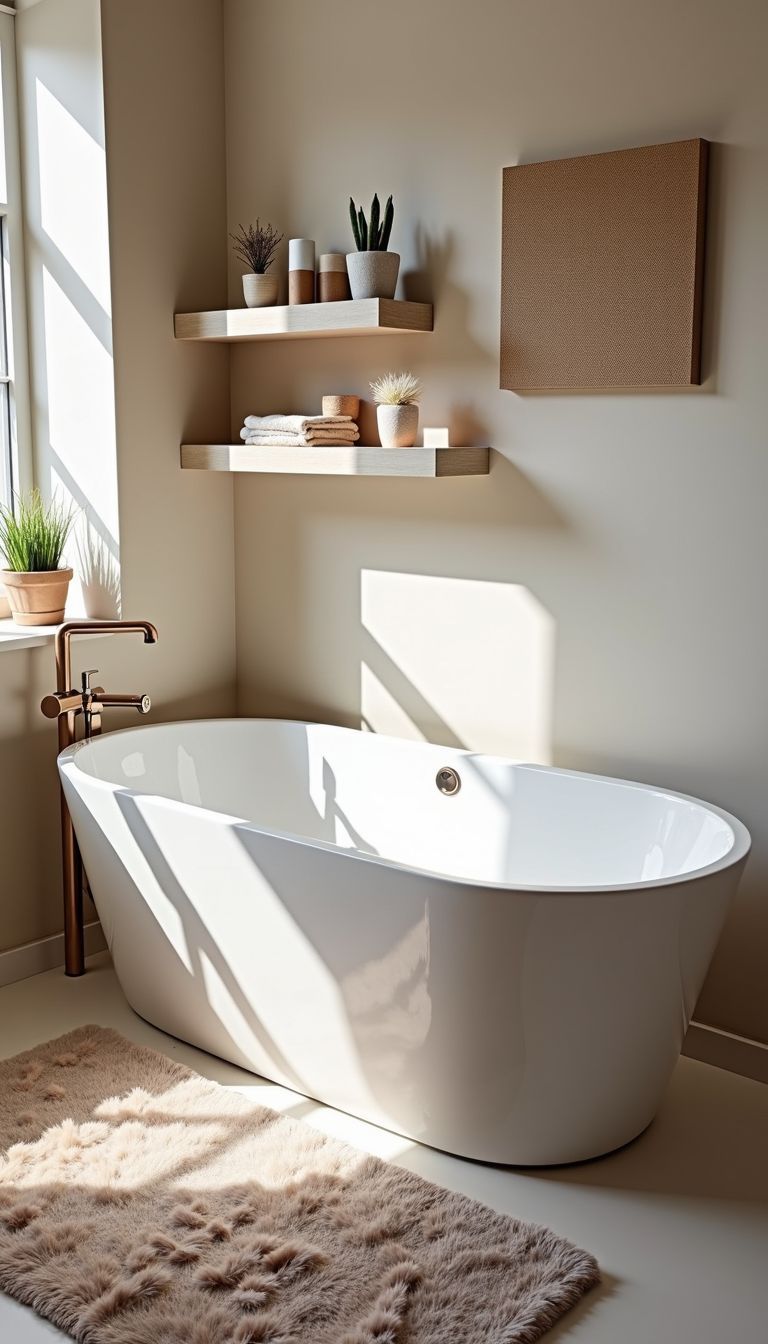 A cozy bathroom with decorative shelves and a bathtub with non-slip mats.