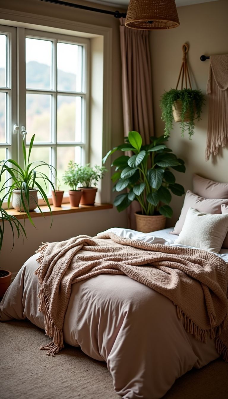 A cozy boho-style bedroom with earth-toned bedding and indoor plants.